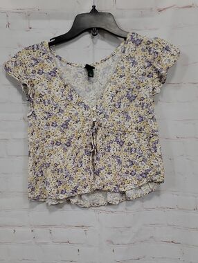 wild fable Yellow and Purple Floral Tie-Front Crop Top